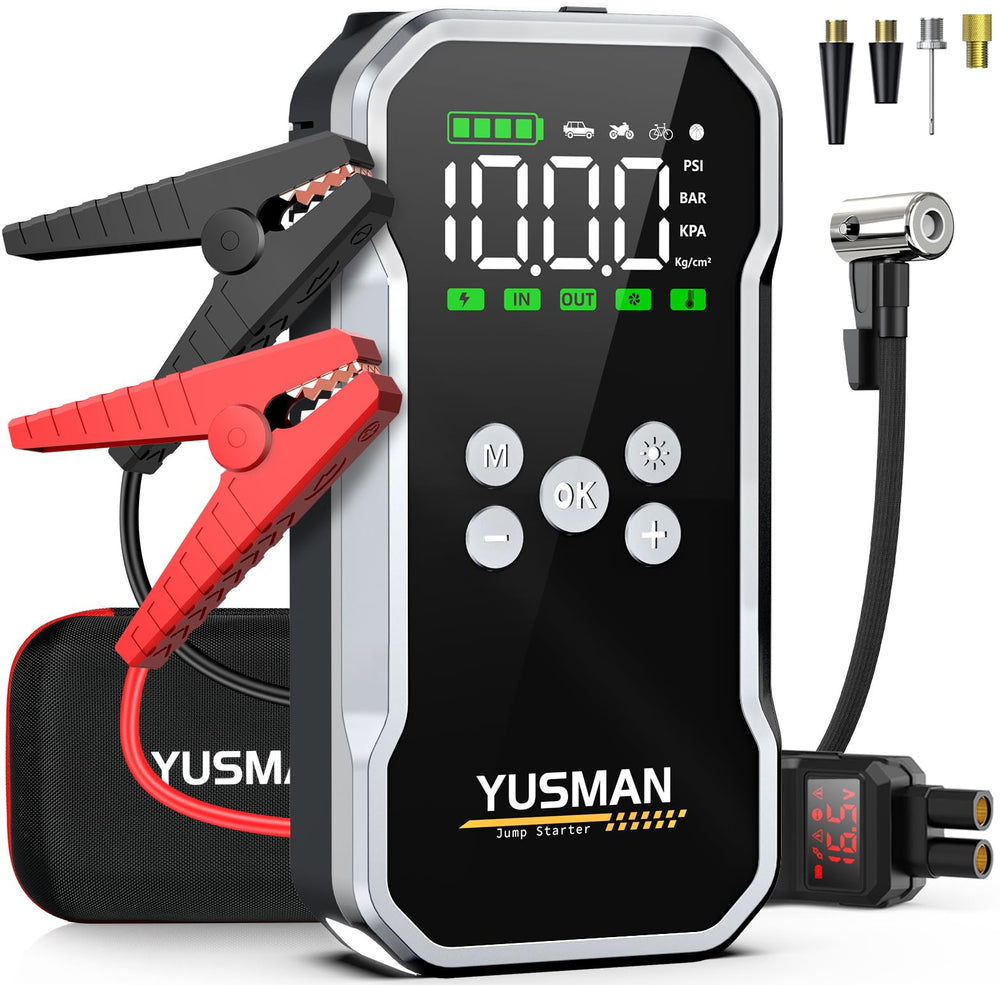 YUSMAN jump starter front view shows a compact all‑in‑one emergency tool for vehicles.