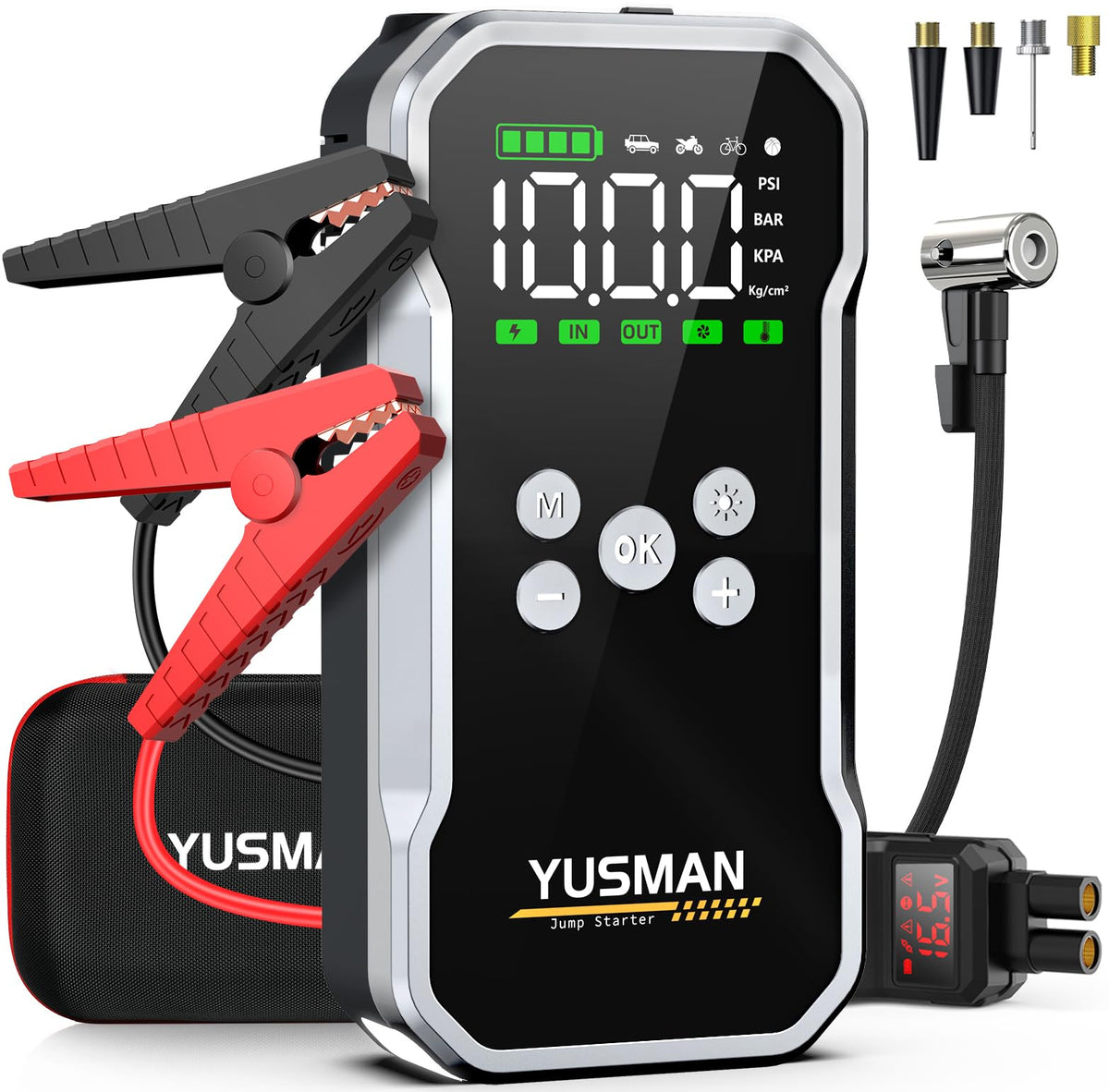 YUSMAN jump starter front view shows a compact all‑in‑one emergency tool for vehicles.