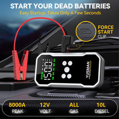 YUSMAN jump starter in use powering a drained car battery quickly.