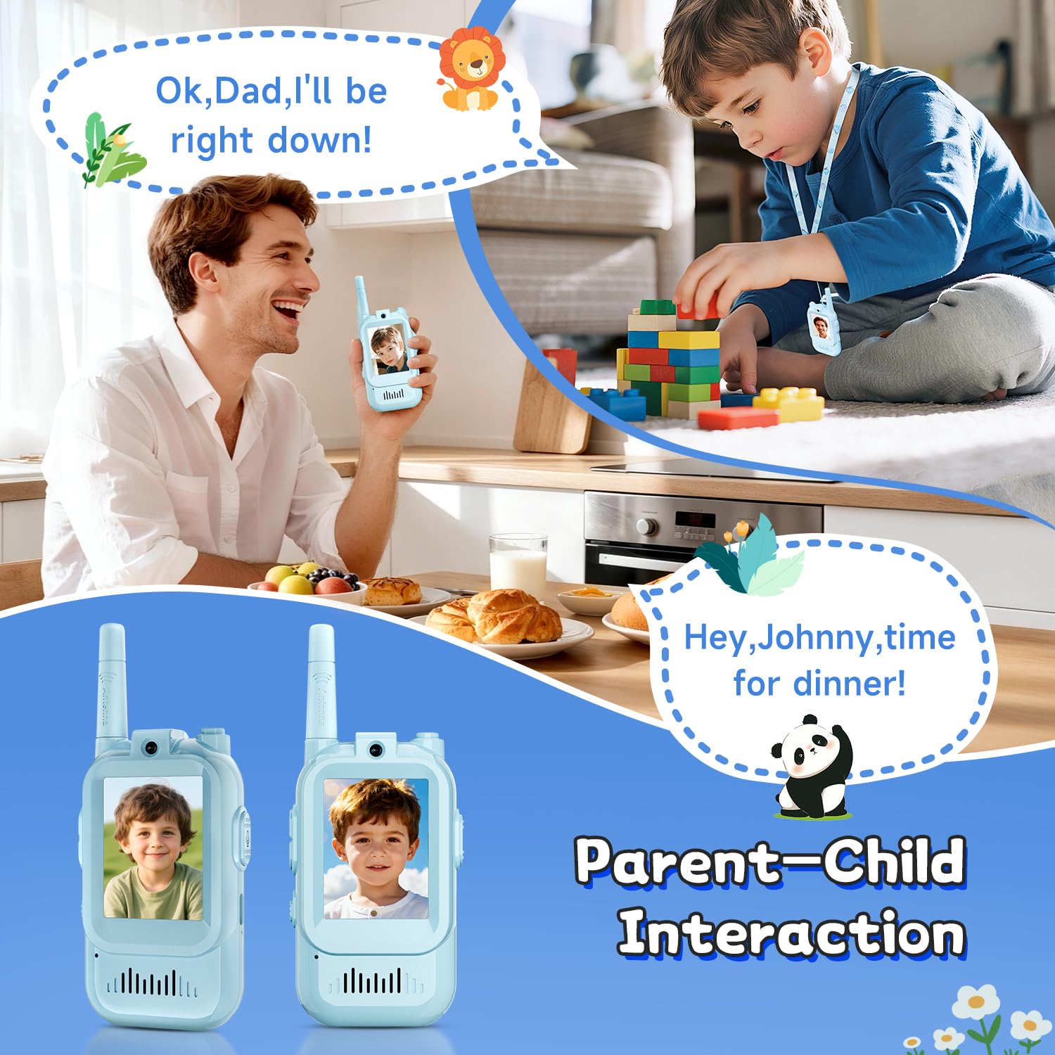 YUSSBCU video walkie talkie blue charging base keeps devices ready.