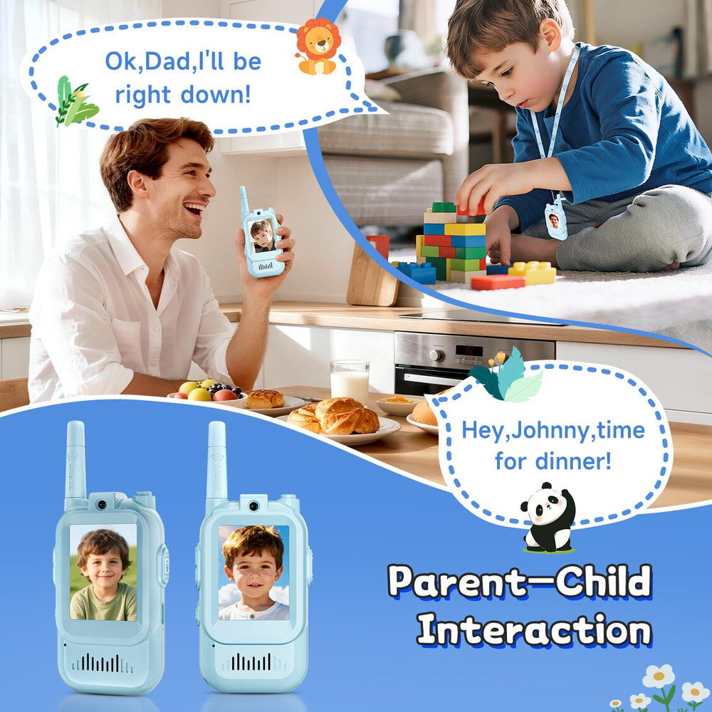YUSSBCU video walkie talkie blue charging base keeps devices ready.