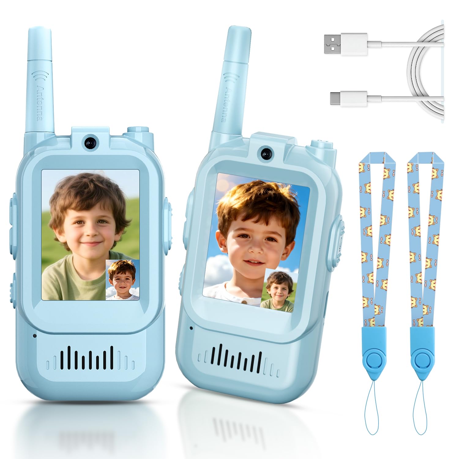 YUSSBCU video walkie talkie blue front view for easy grip and kid-friendly design.