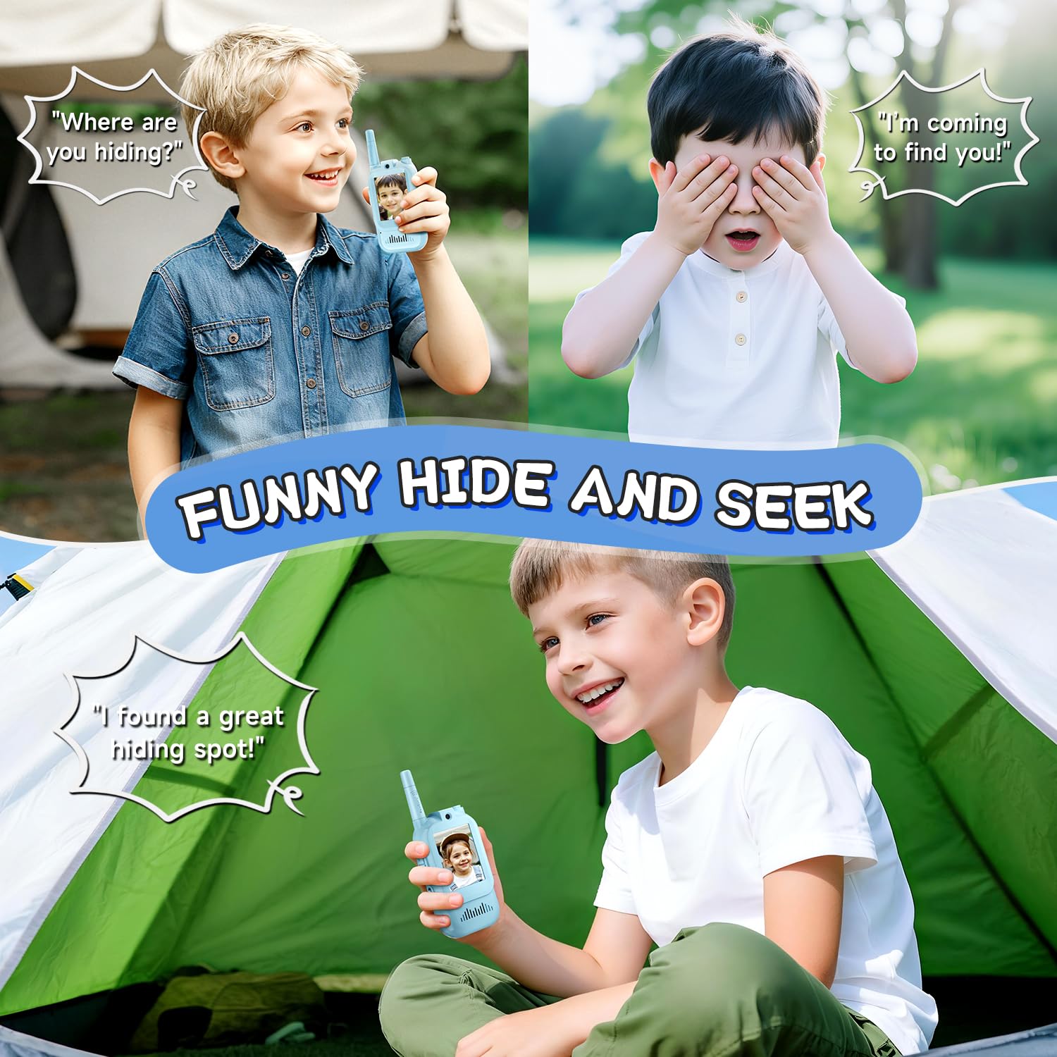 YUSSBCU video walkie talkie blue in-hand use demo suitable for outdoor play.