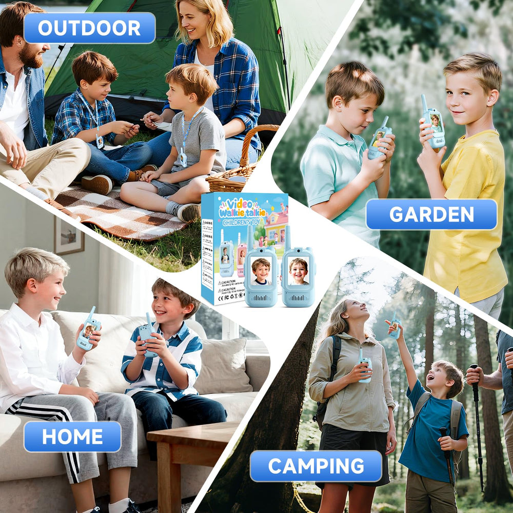 YUSSBCU video walkie talkie blue kid-friendly learning toy for travel.