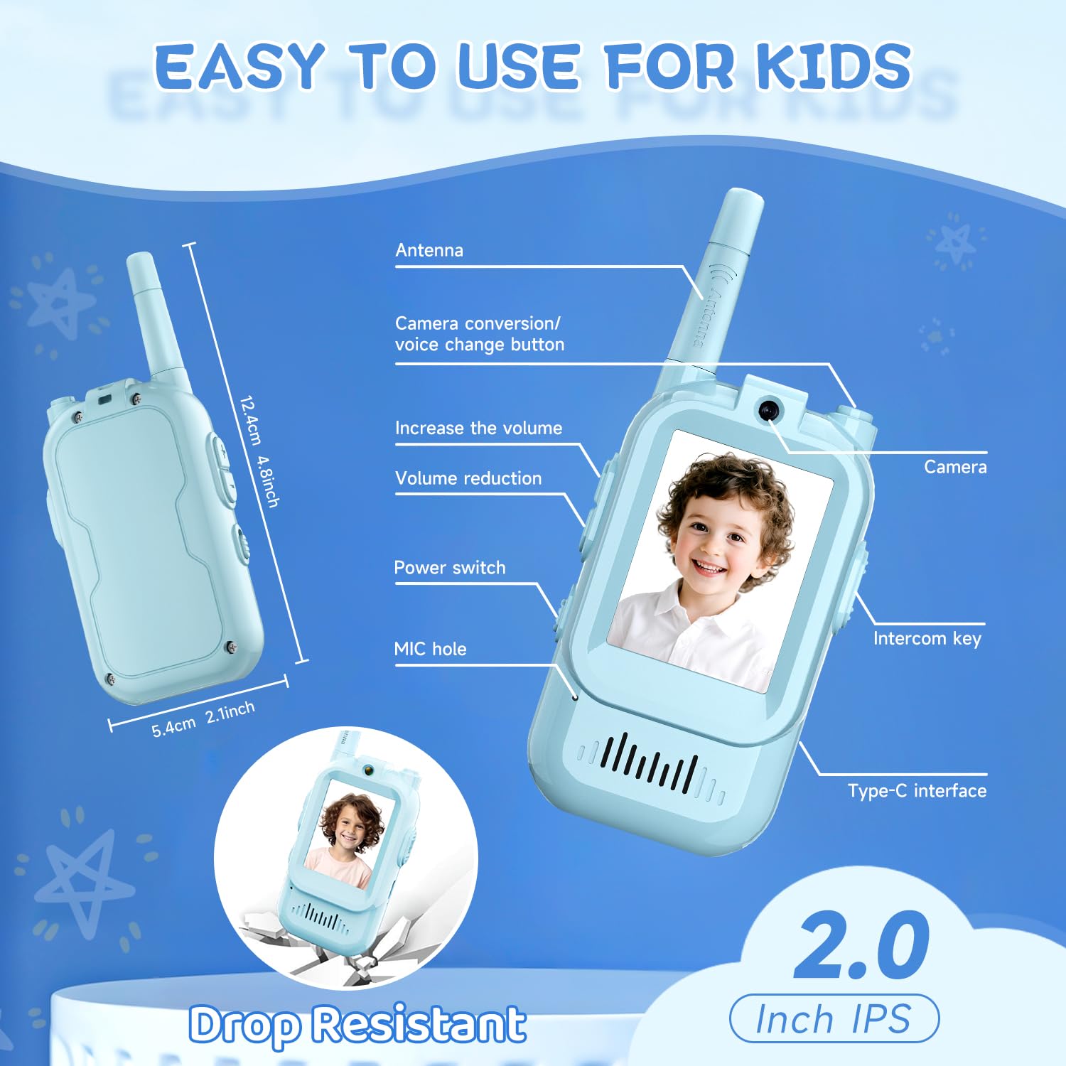 YUSSBCU video walkie talkie blue packaged display and gift-ready.