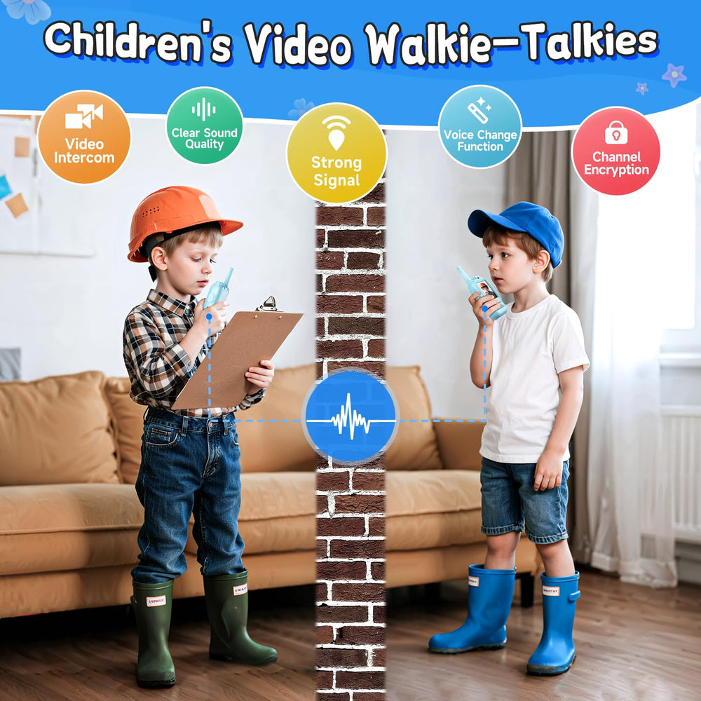 YUSSBCU video walkie talkie blue side view highlights ergonomic grip for small hands.