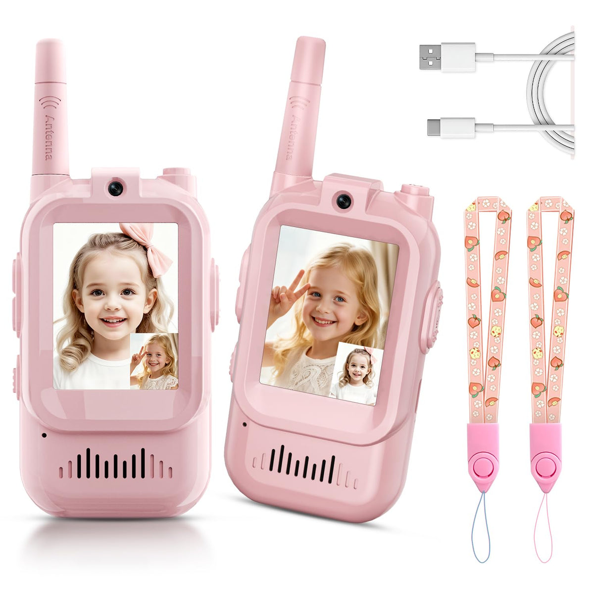 YUSSBCU video walkie talkie pink close-up showing simple controls for kids.