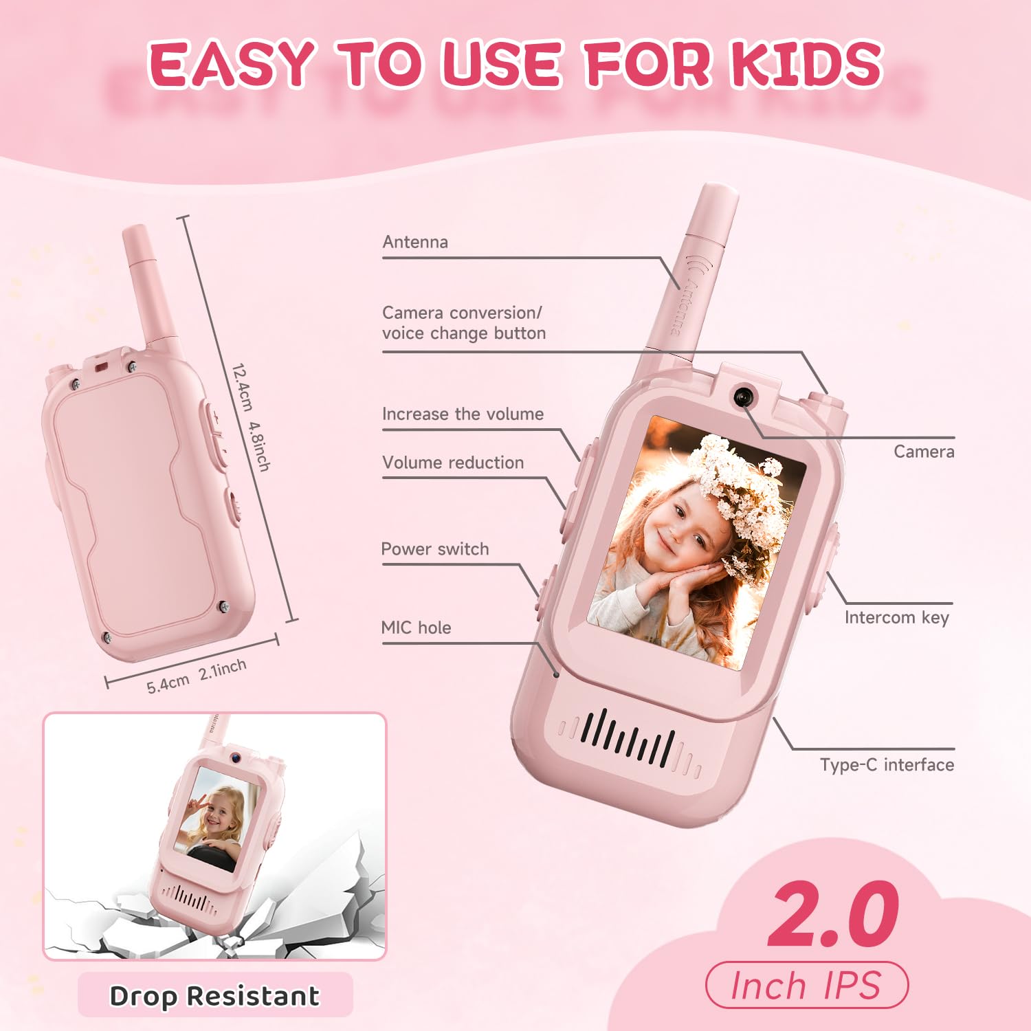 YUSSBCU video walkie talkie pink rechargeable battery ready for hours of play.