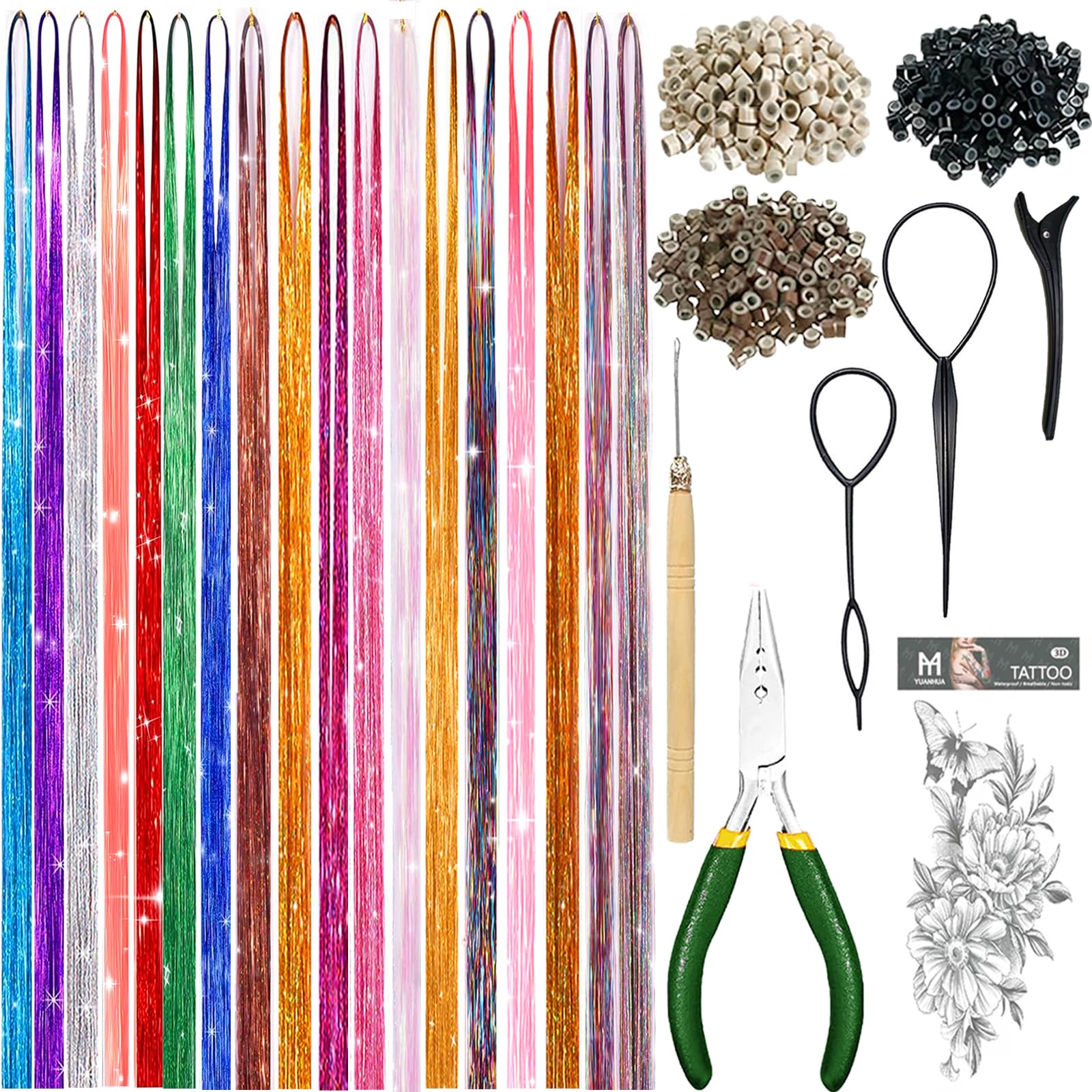 YUUYEE Hair Tinsel Kit 18 Colors full pack showcases vibrant strands for sparkling styles.