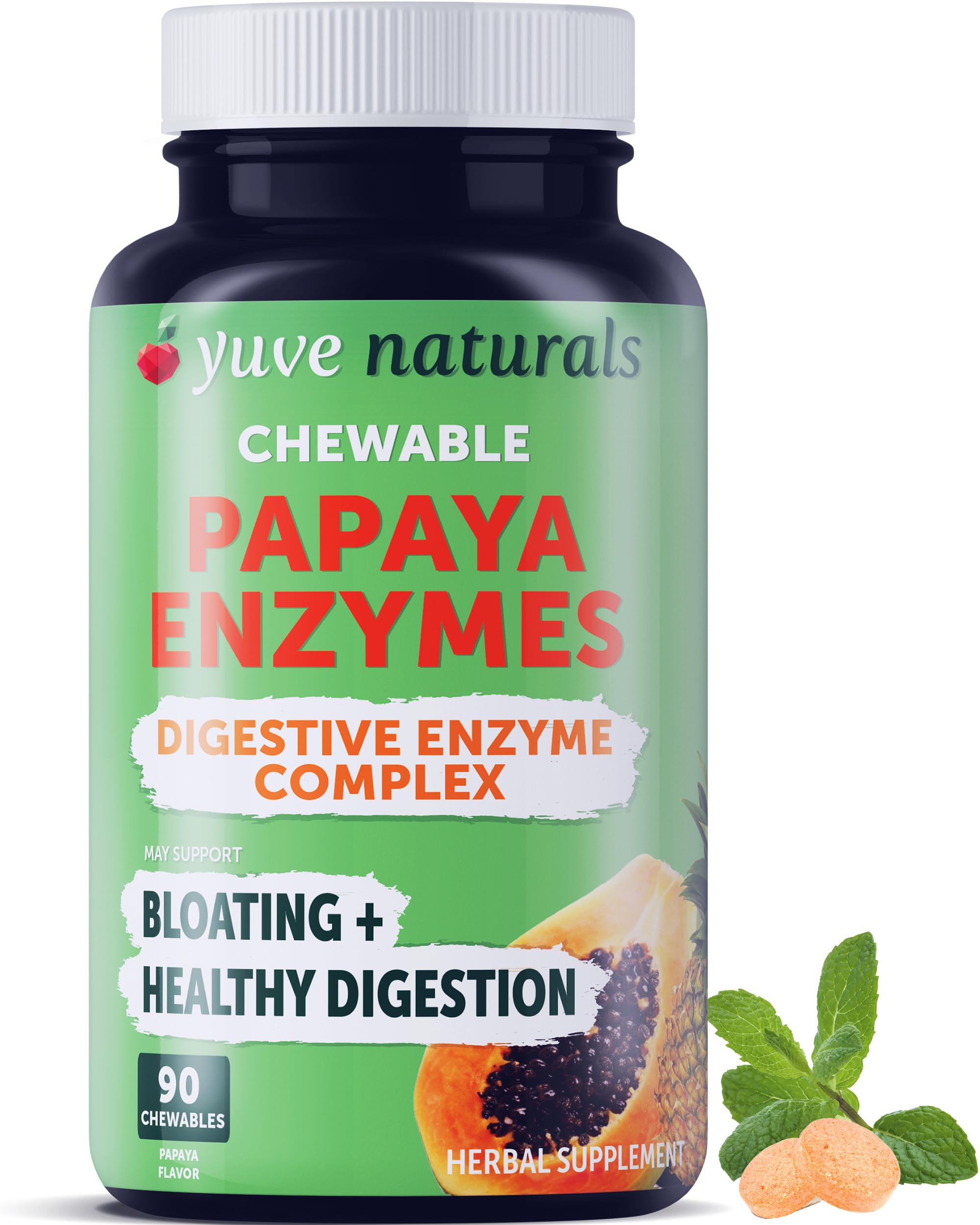 Yuve Naturals papaya enzyme chewables bottle promotes smoother digestion after meals
