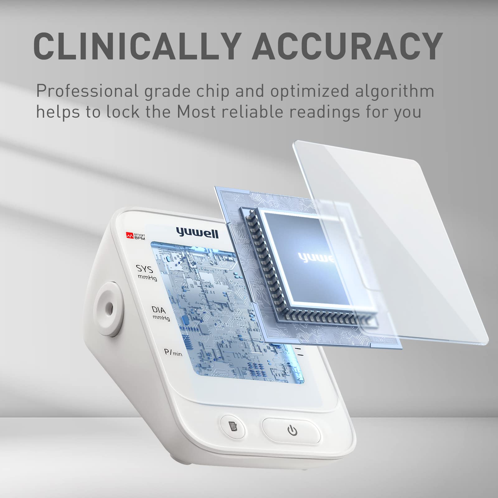 Yuwell cuff on arm demonstrates comfortable wide-range cuff for varied arm sizes.