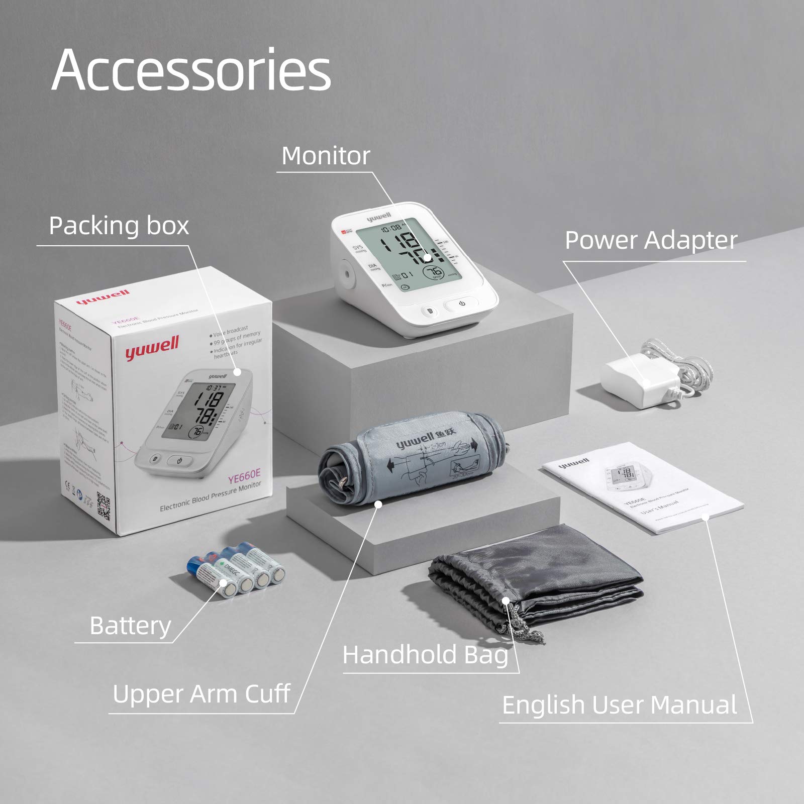 Packaging shows Yuwell device with cuff, power adapter, manual.