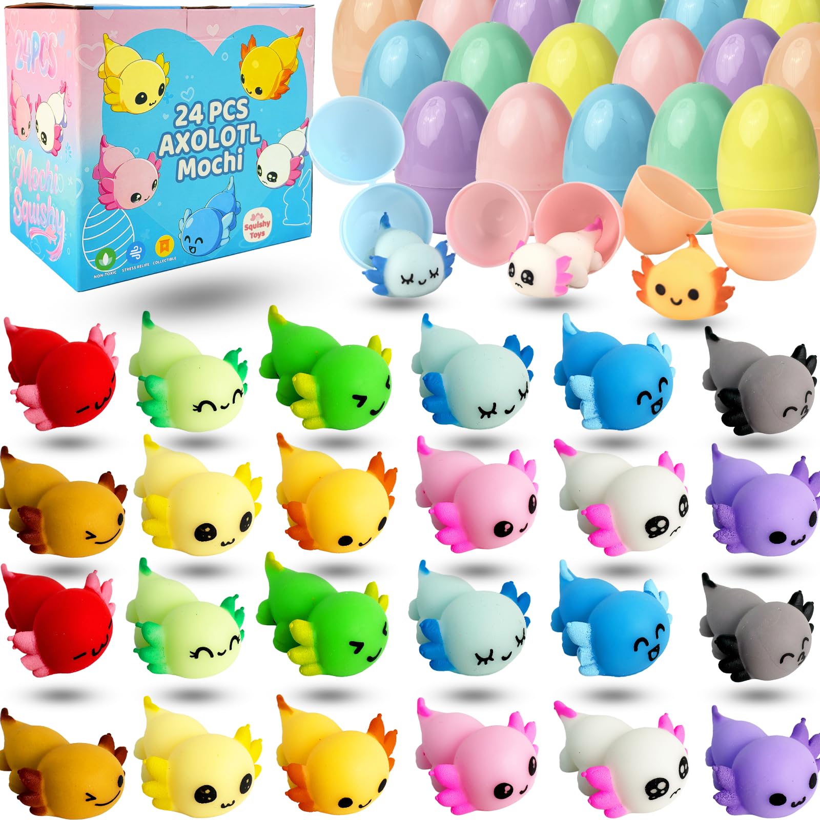 YUYUGAGA axolotl mochis inside colorful eggs for Easter baskets.