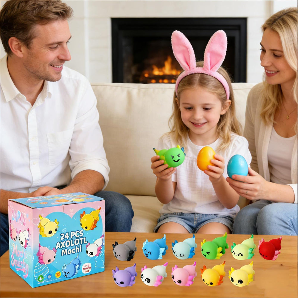 YUYUGAGA Easter basket fillers with vibrant eggs and mochi toys for kids.