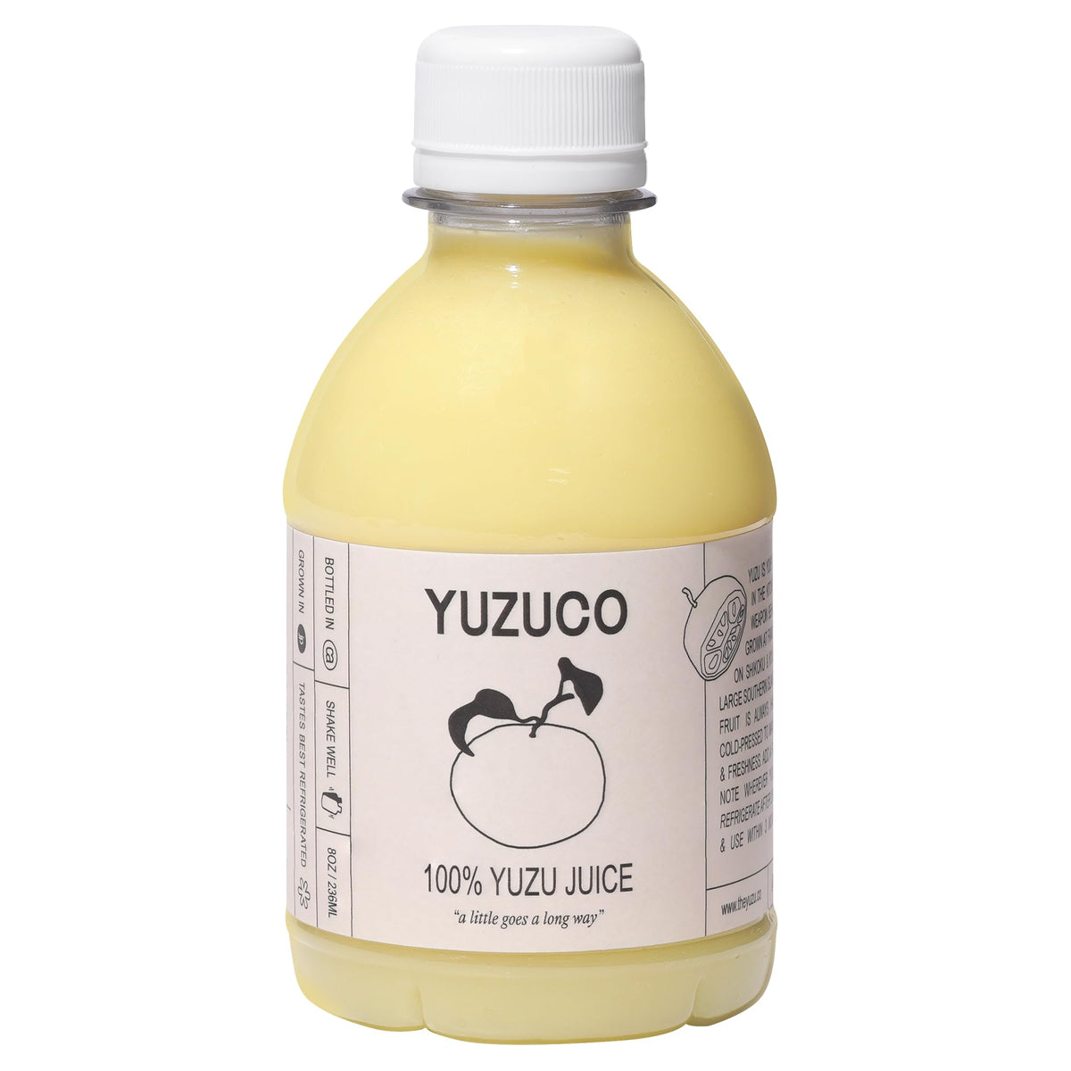 YUZUCO 100% yuzu juice bottle front view, ideal for cocktails and dressings.