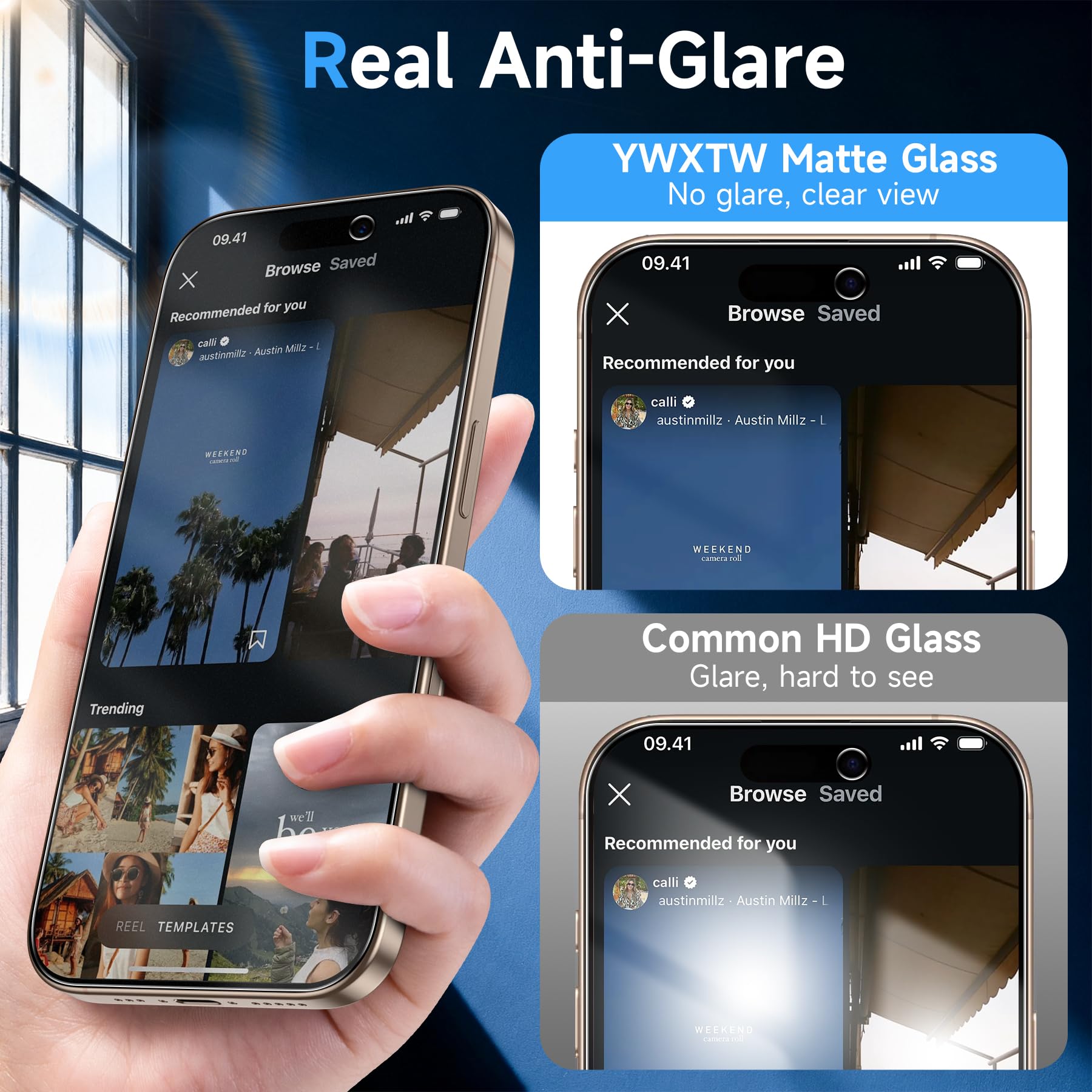 YWXTW anti-glare matte finish on iPhone 16 Pro Max screen for comfortable daytime use