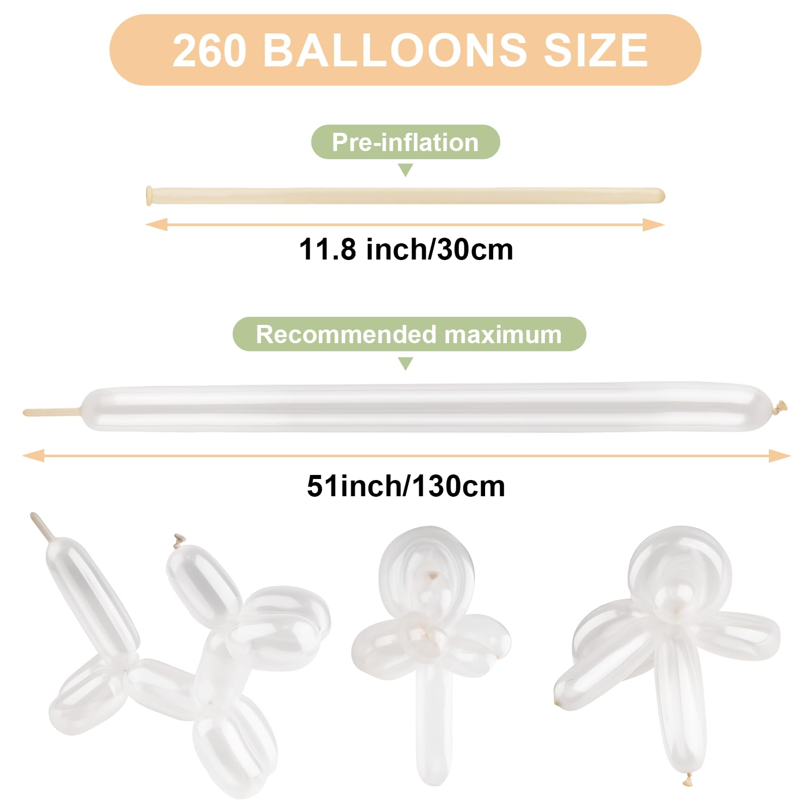 YXYL Clear 260 balloons inflation guide visual; stretch before use.