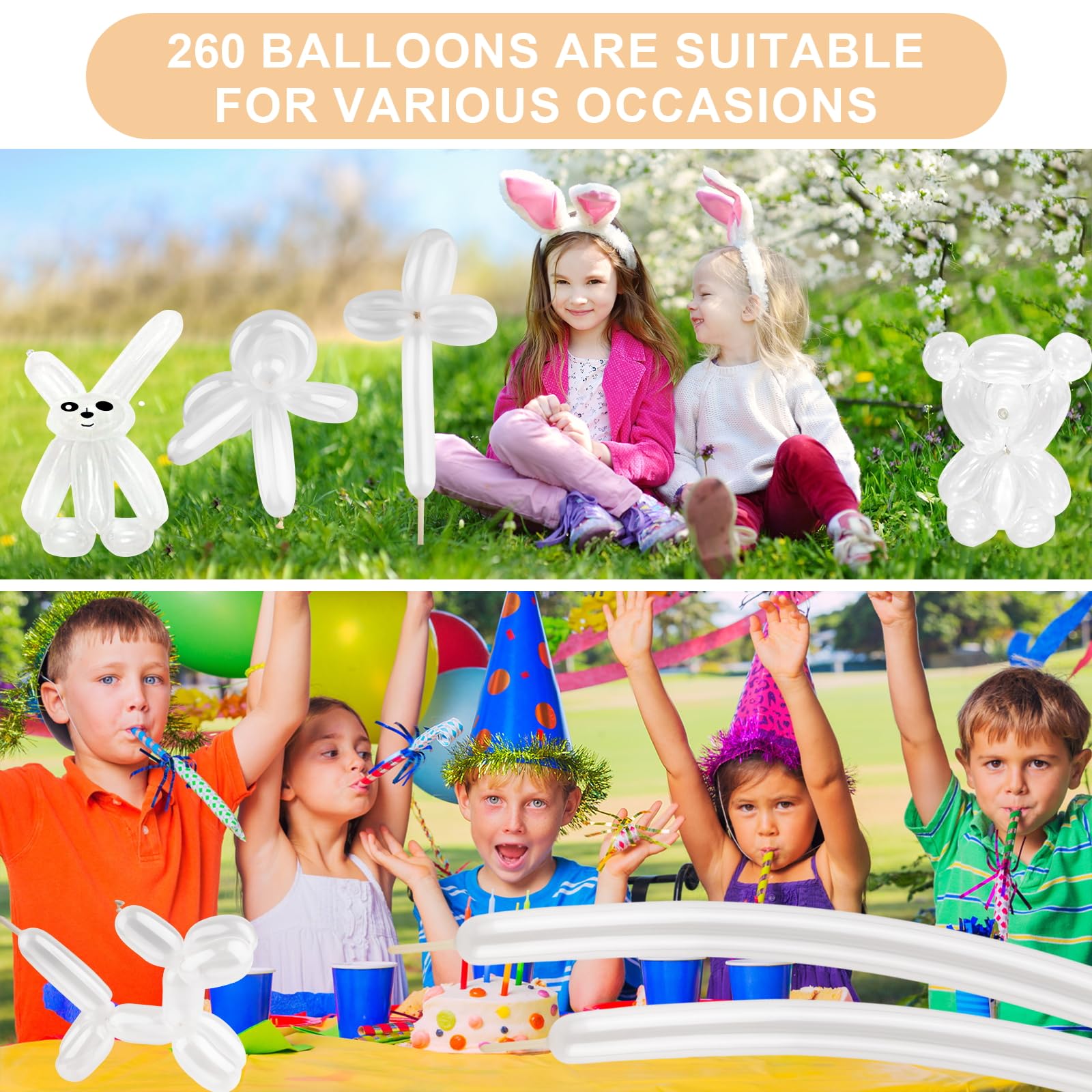 YXYL Clear 260 balloons used in festive event decor setups.