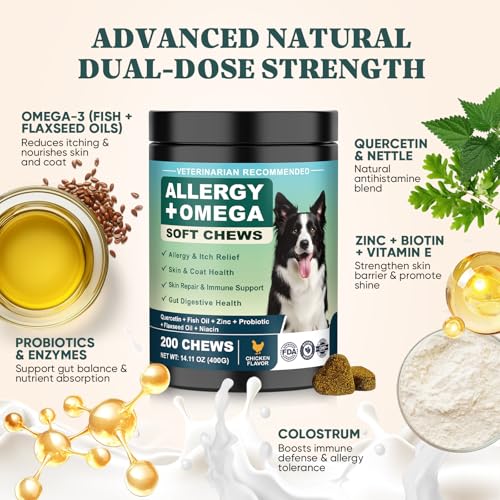 YYTKMY dog allergy chews jar emphasizes probiotic gut support for coat health.