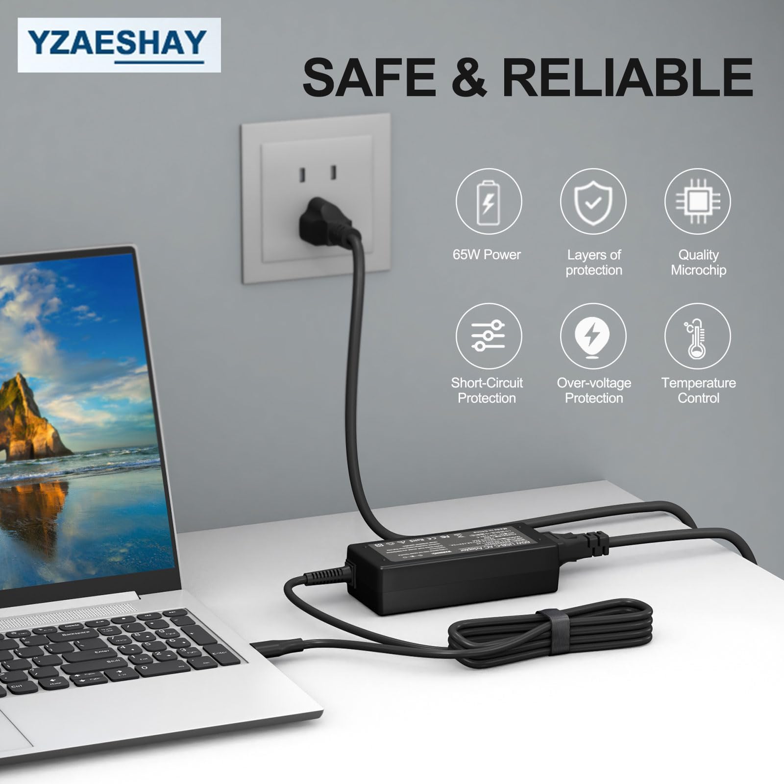 YZAESHAY 65W USB-C charger powering Latitude and XPS style laptops.