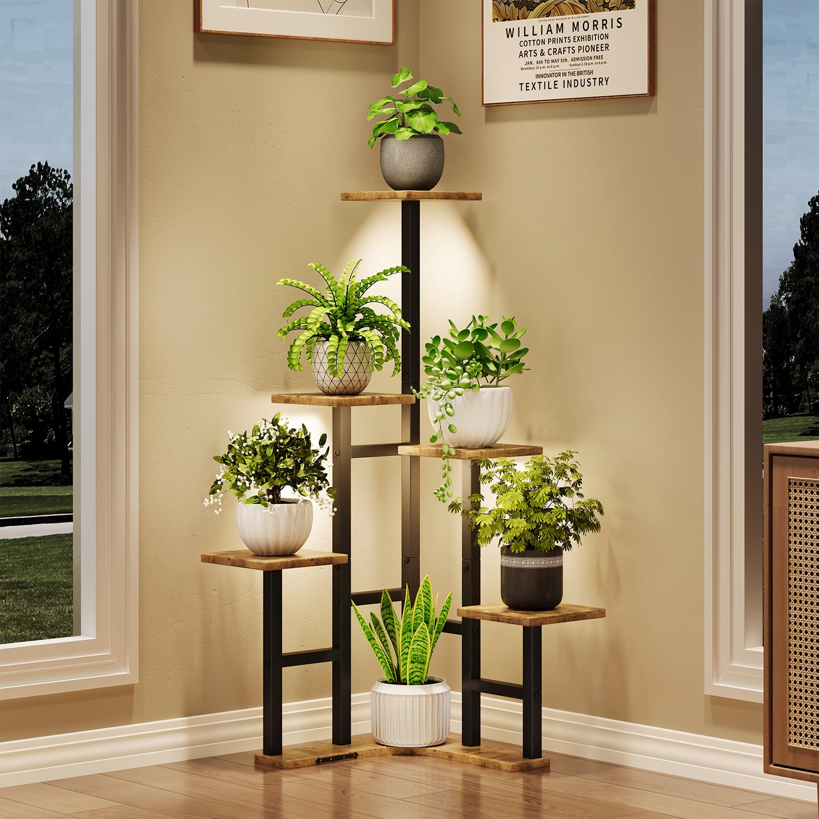 Yzosvki corner plant stand front view shows a six-tier rack for compact living rooms.