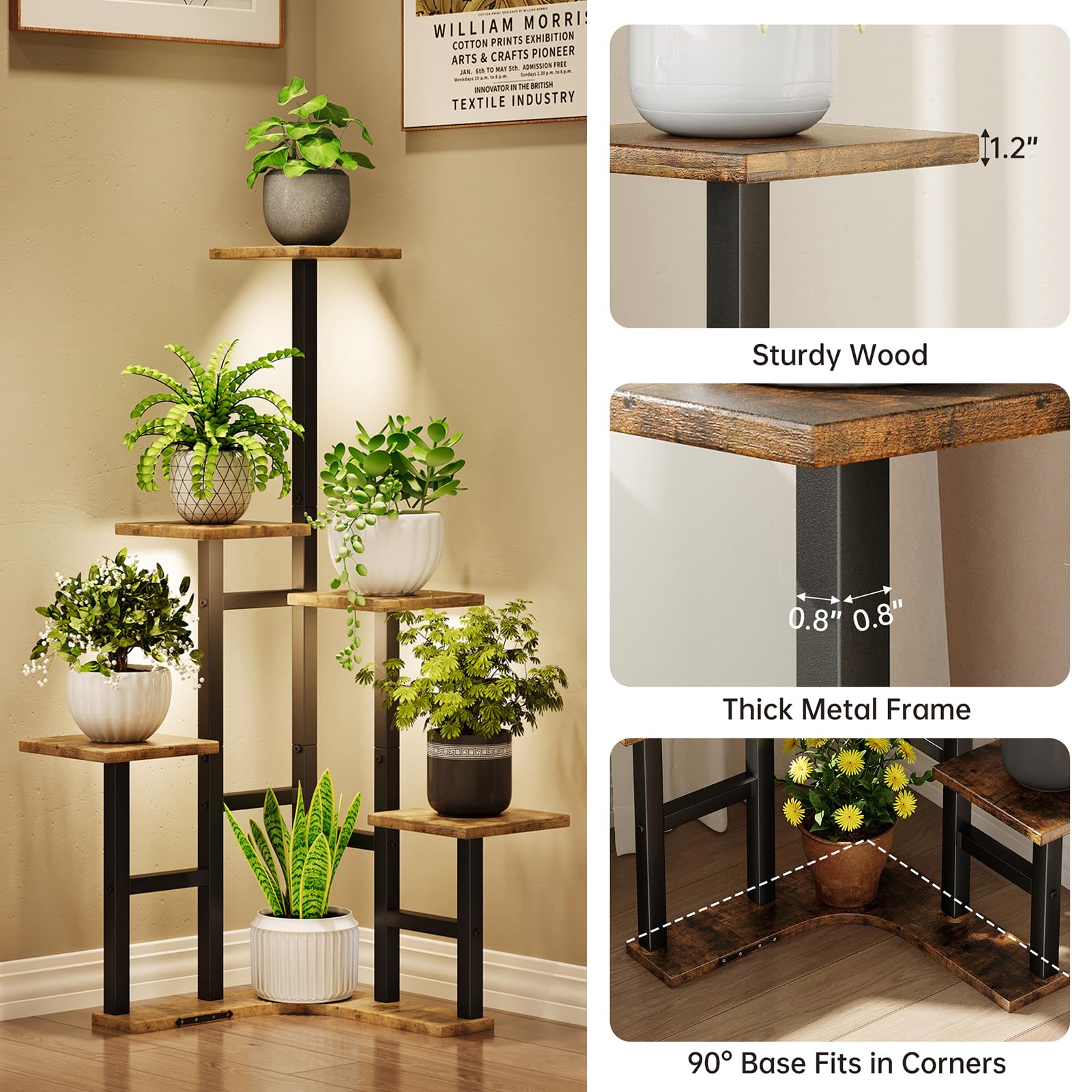 Yzosvki corner plant stand rustic-brown shelves pairing with black frame for stylish interiors.