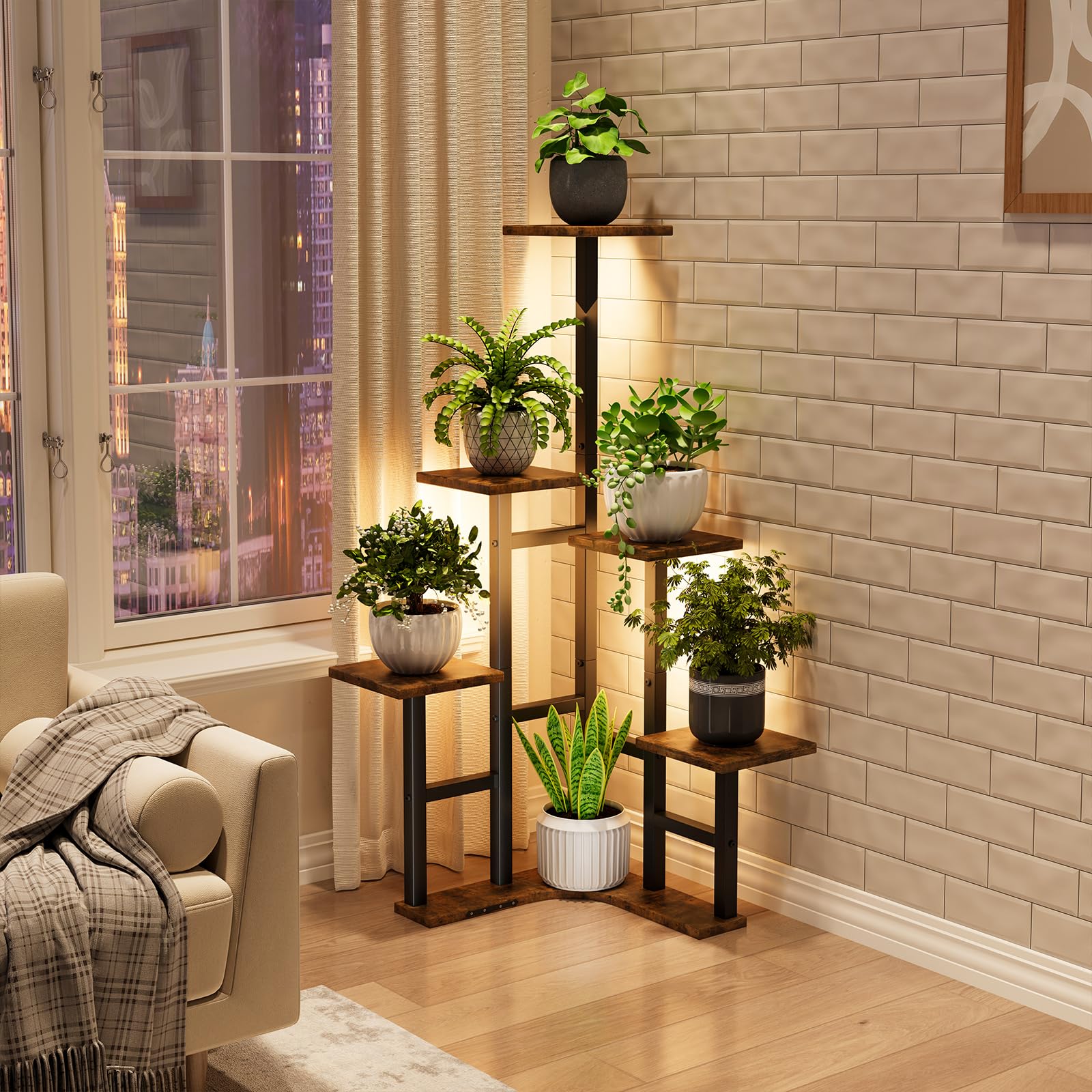 Yzosvki corner plant stand side view highlights sturdy black metal frame supporting multiple plants.