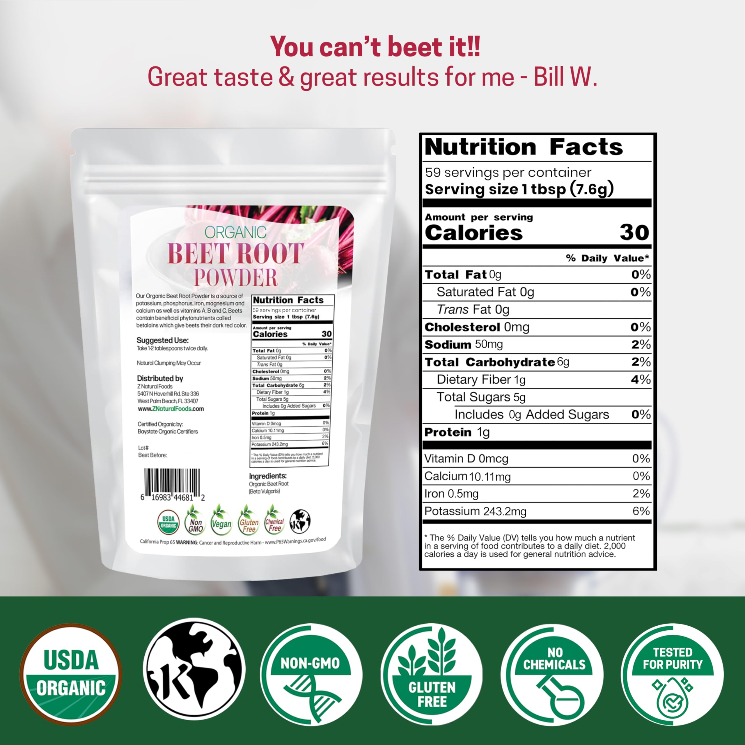 Z Natural Foods beetroot powder scoop over smoothie