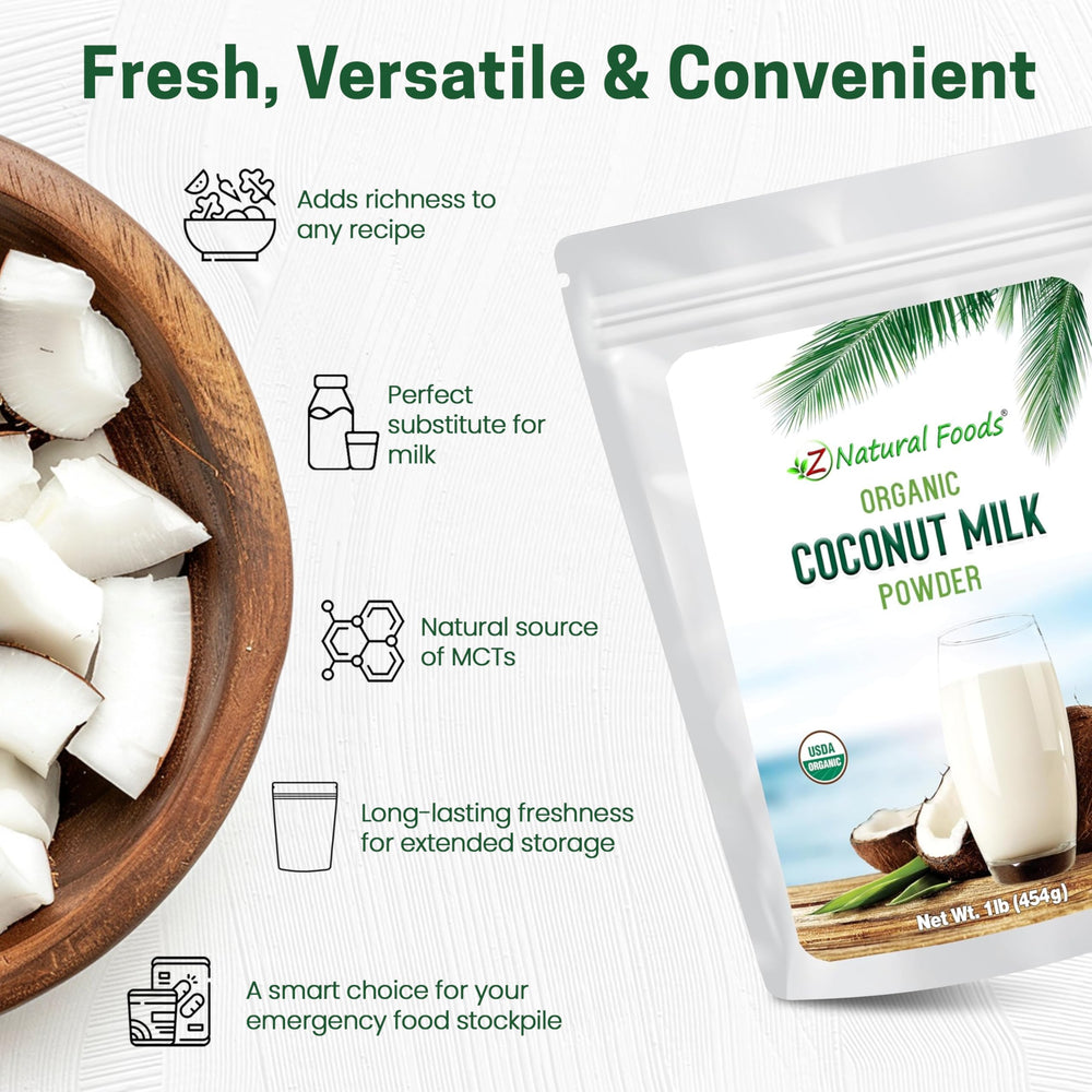 Z Natural Foods coconut milk powder mixes with water for dairy-free milk.