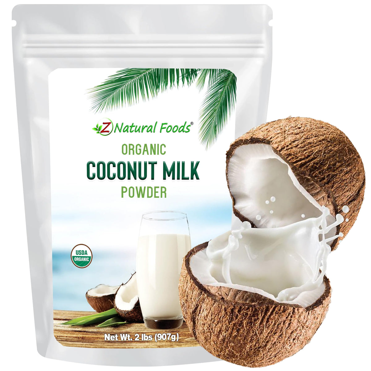 Z Natural Foods coconut milk powder packaging highlighting organic, non-GMO, gluten-free benefits.