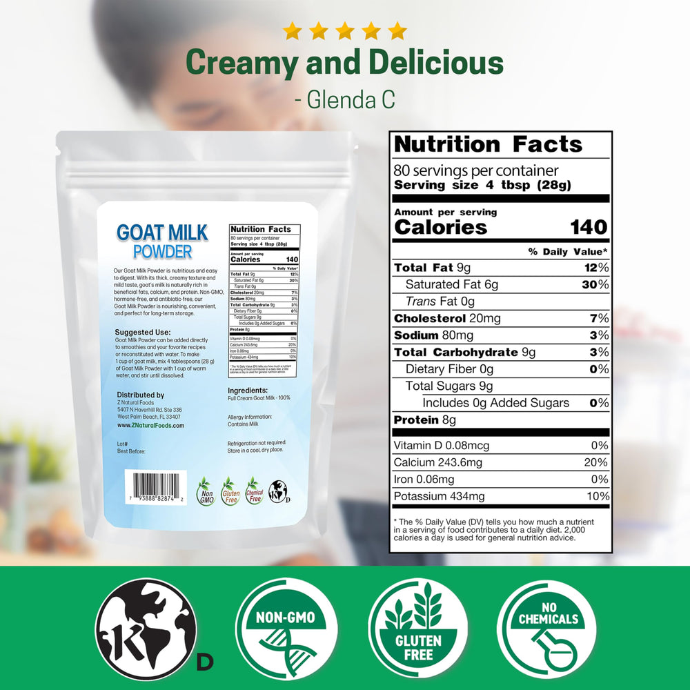 Z Natural Foods Goat Milk Powder nutrition facts label highlighting calcium and protein.