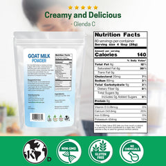 Z Natural Foods Goat Milk Powder nutrition facts label highlighting calcium and protein.