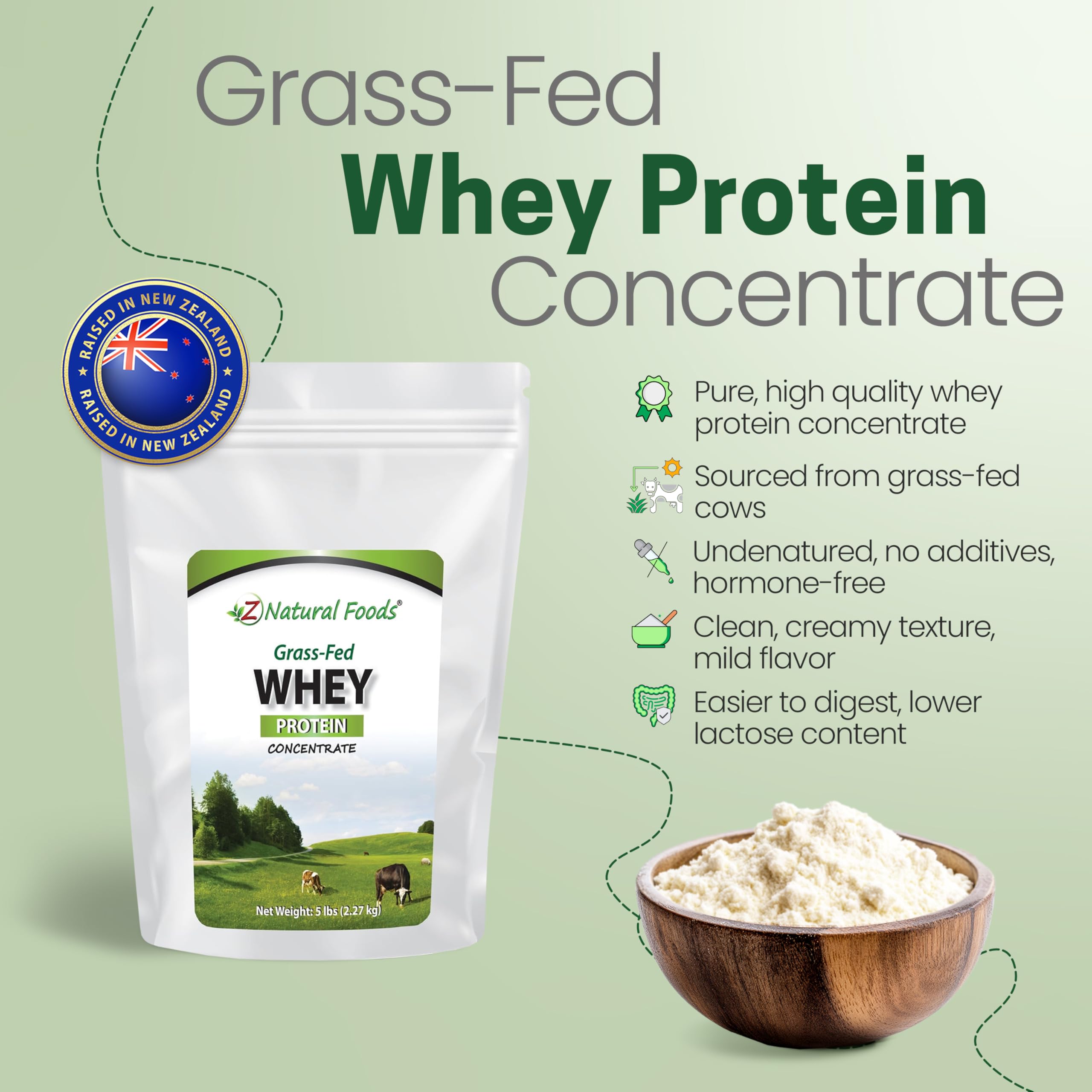 Label on Z Natural Foods grass-fed whey protein indicating NZ origin