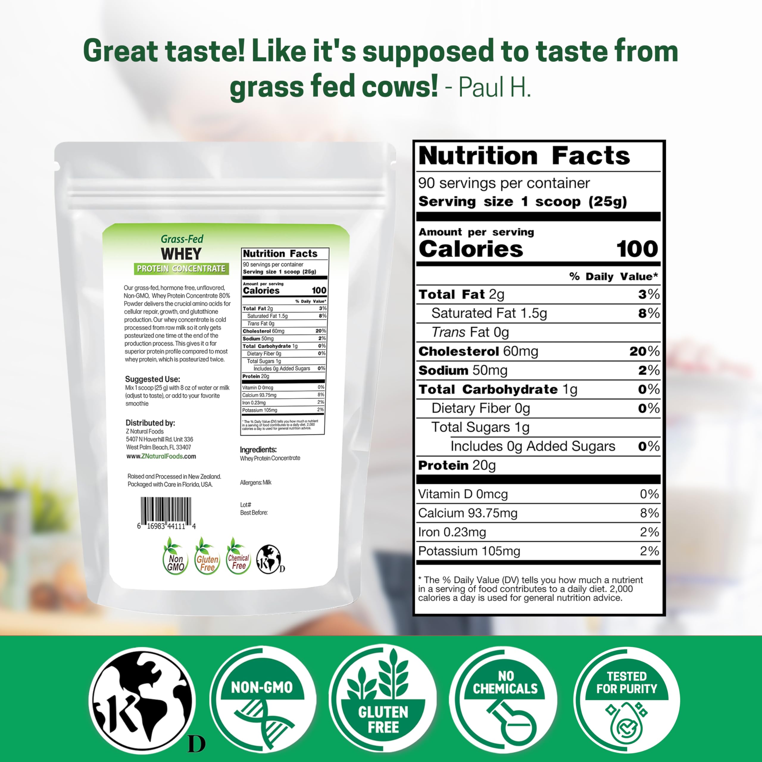 Scoop of Z Natural Foods whey powder showing unflavored formula