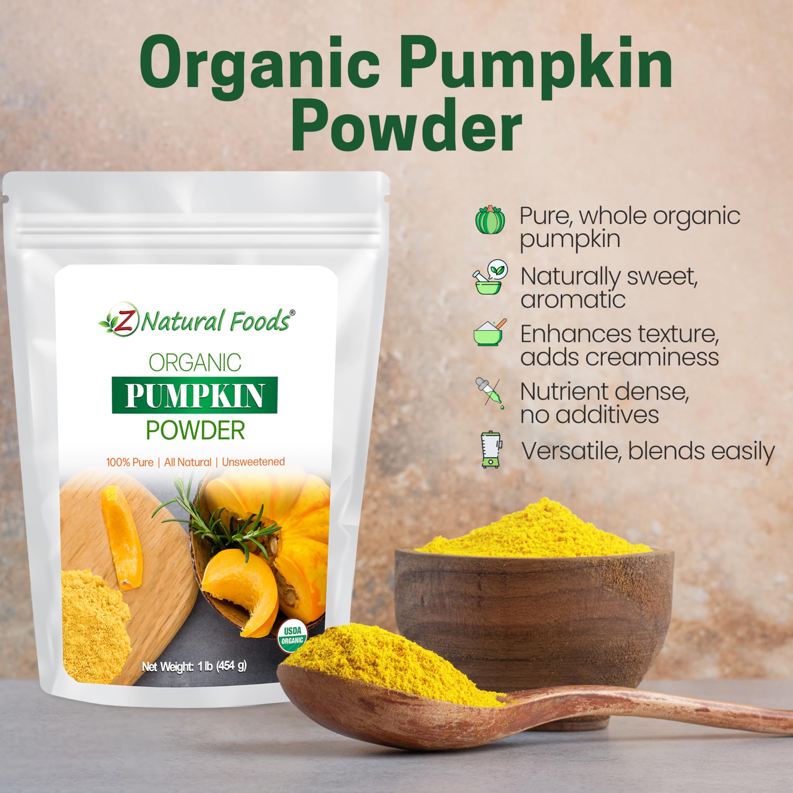  resealable bag of Z Natural Foods pumpkin powder preserves freshness