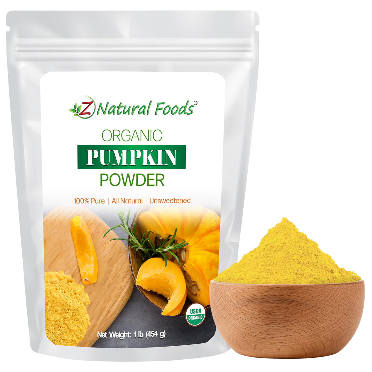 Z Natural Foods Pumpkin Powder bottle close-up highlighting pure pumpkin flavor
