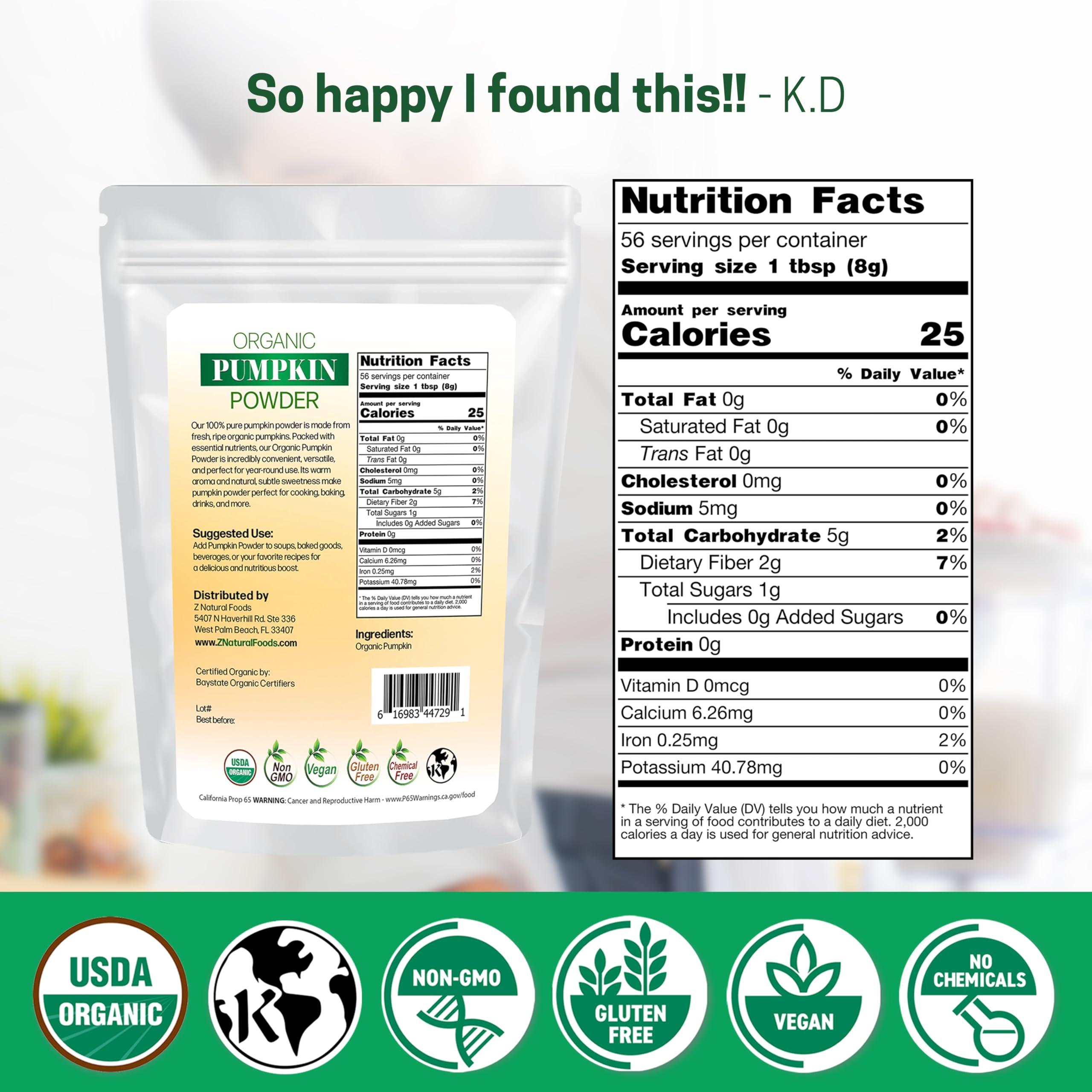 Scoop dispensing Z Natural Foods pumpkin powder for precise 8 g servings