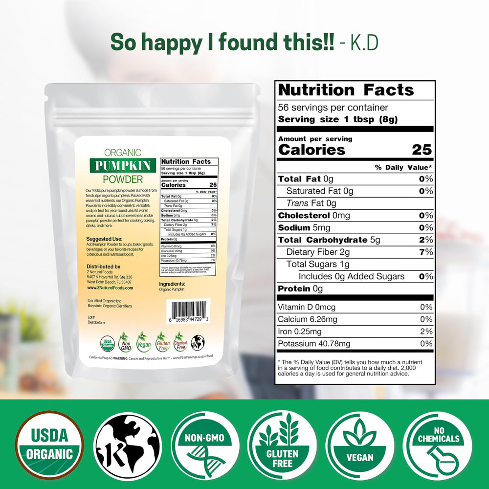 Scoop dispensing Z Natural Foods pumpkin powder for precise 8 g servings