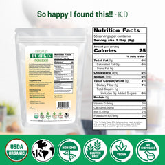 Scoop dispensing Z Natural Foods pumpkin powder for precise 8 g servings