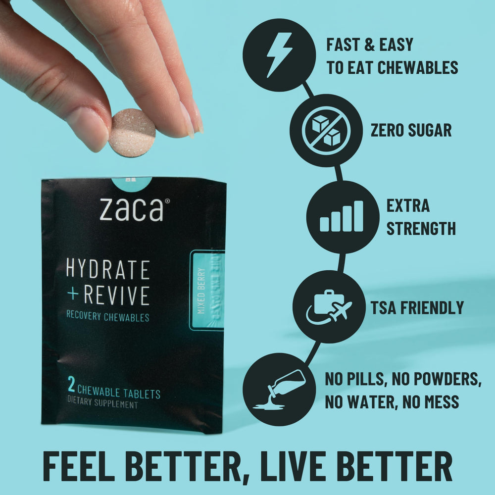 Close-up of Zaca Recovery Chewable tablets; berry flavor, easy hydration.