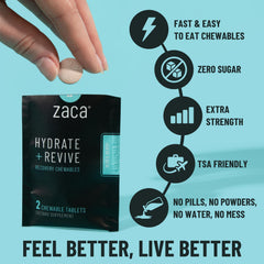 Close-up of Zaca Recovery Chewable tablets; berry flavor, easy hydration.