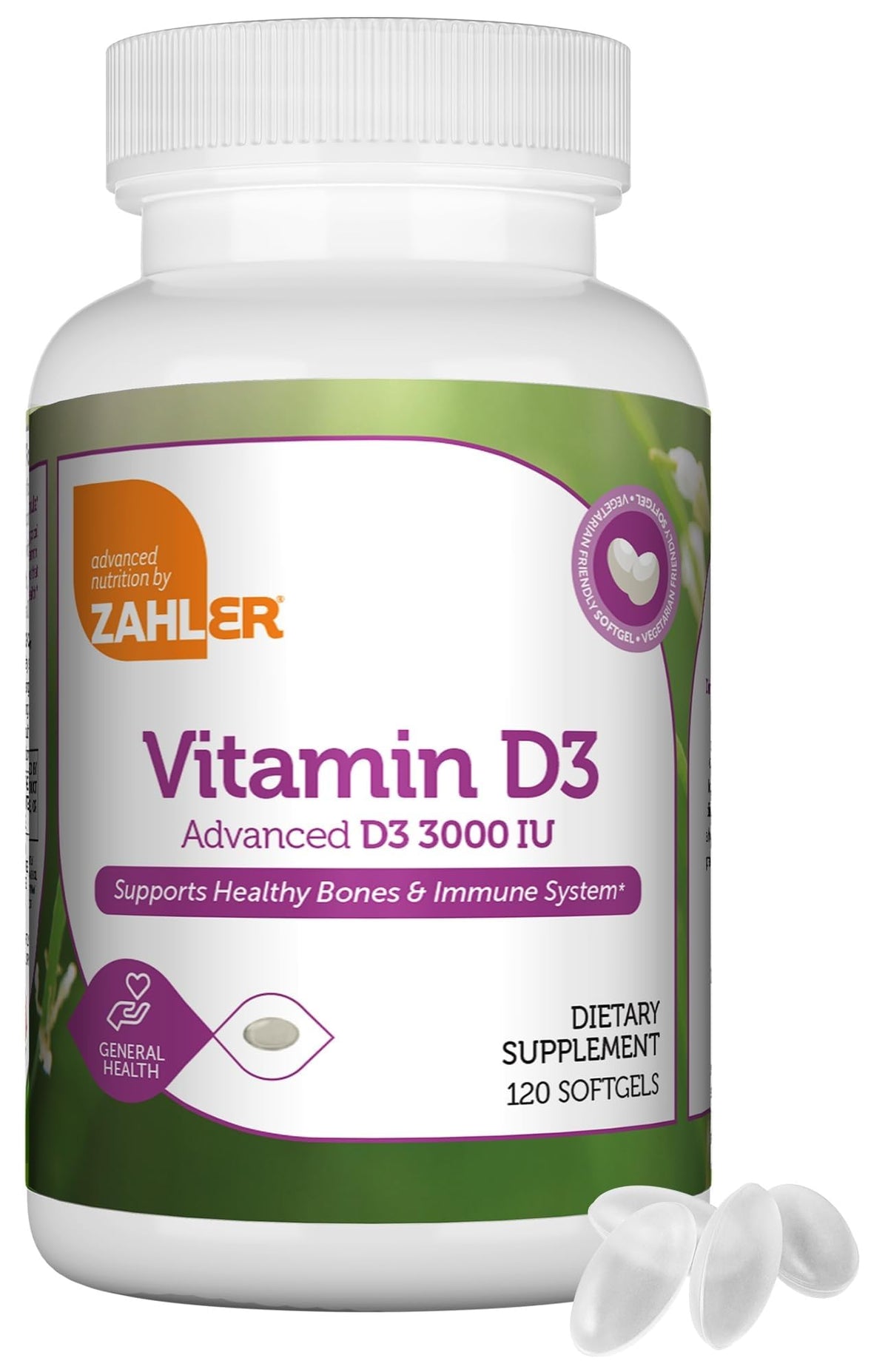 Zahler D3 3000 IU softgels bottle front for daily bone and immune support.