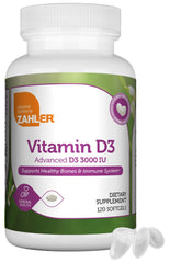 Zahler D3 3000 IU softgels bottle front for daily bone and immune support.