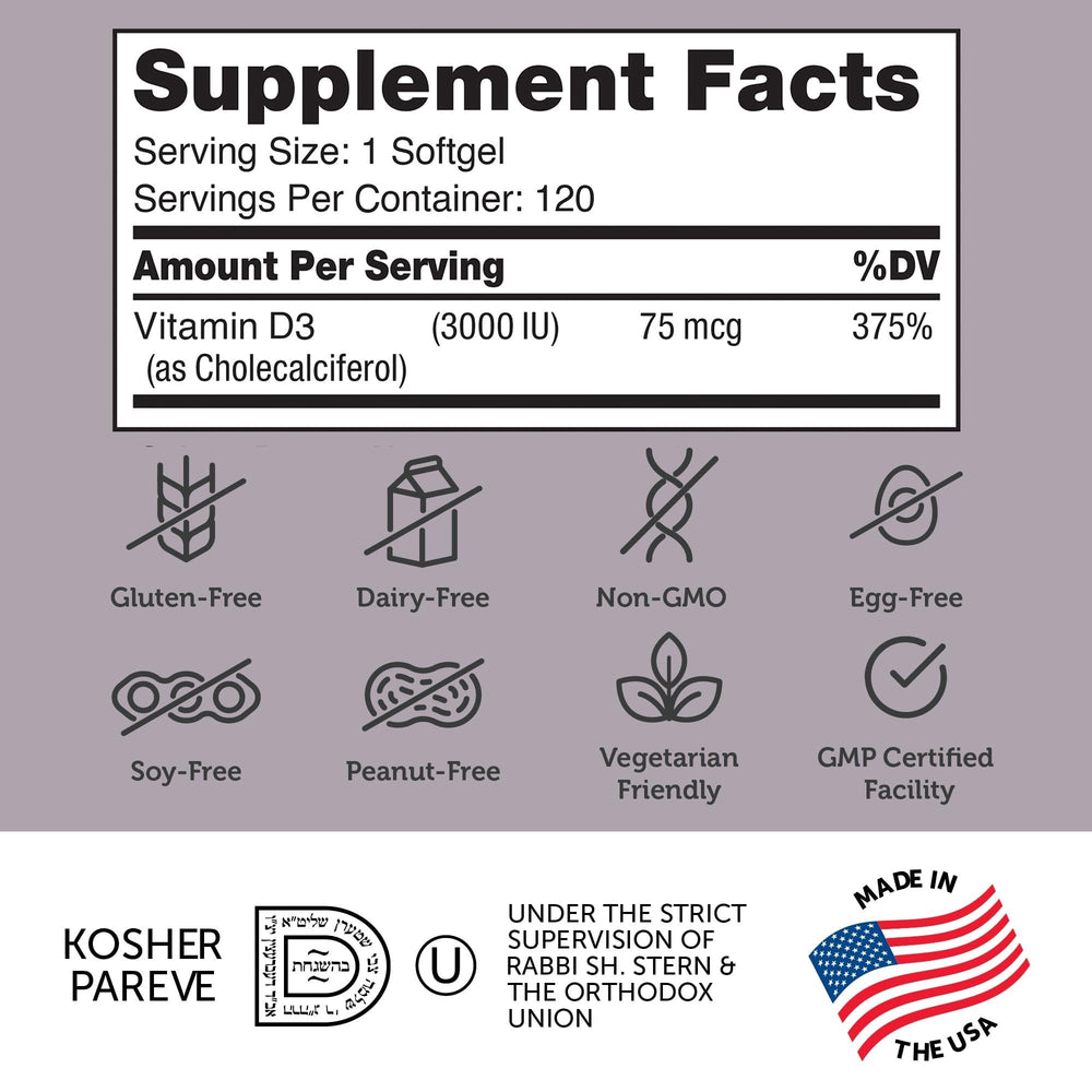 Zahler D3 3000 IU softgels label close-up showing product details and kosher vegetarian status.