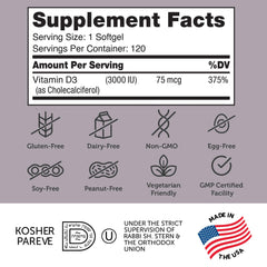 Zahler D3 3000 IU softgels label close-up showing product details and kosher vegetarian status.