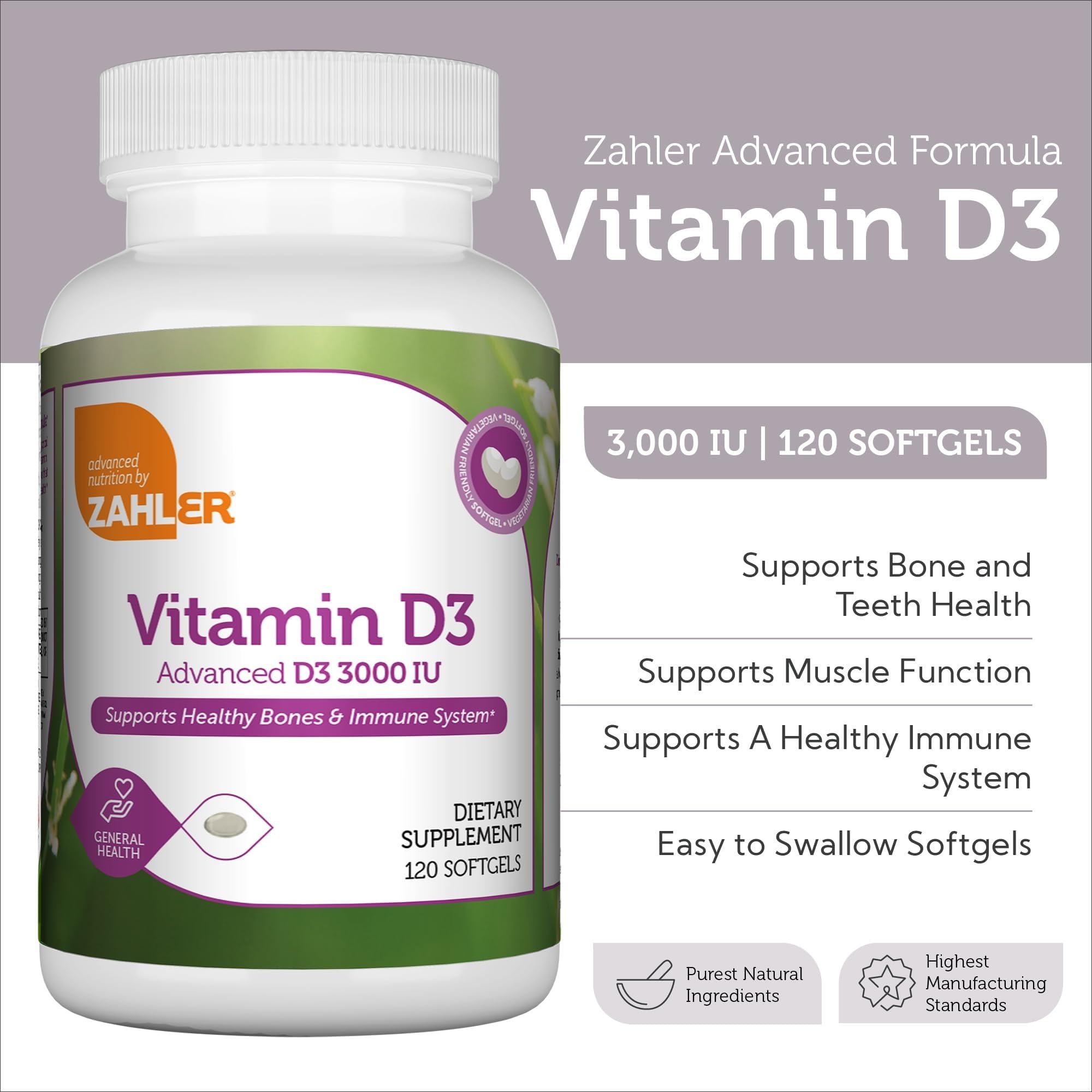 Zahler D3 softgels capsule close-up showing small, easy-to-swallow form.
