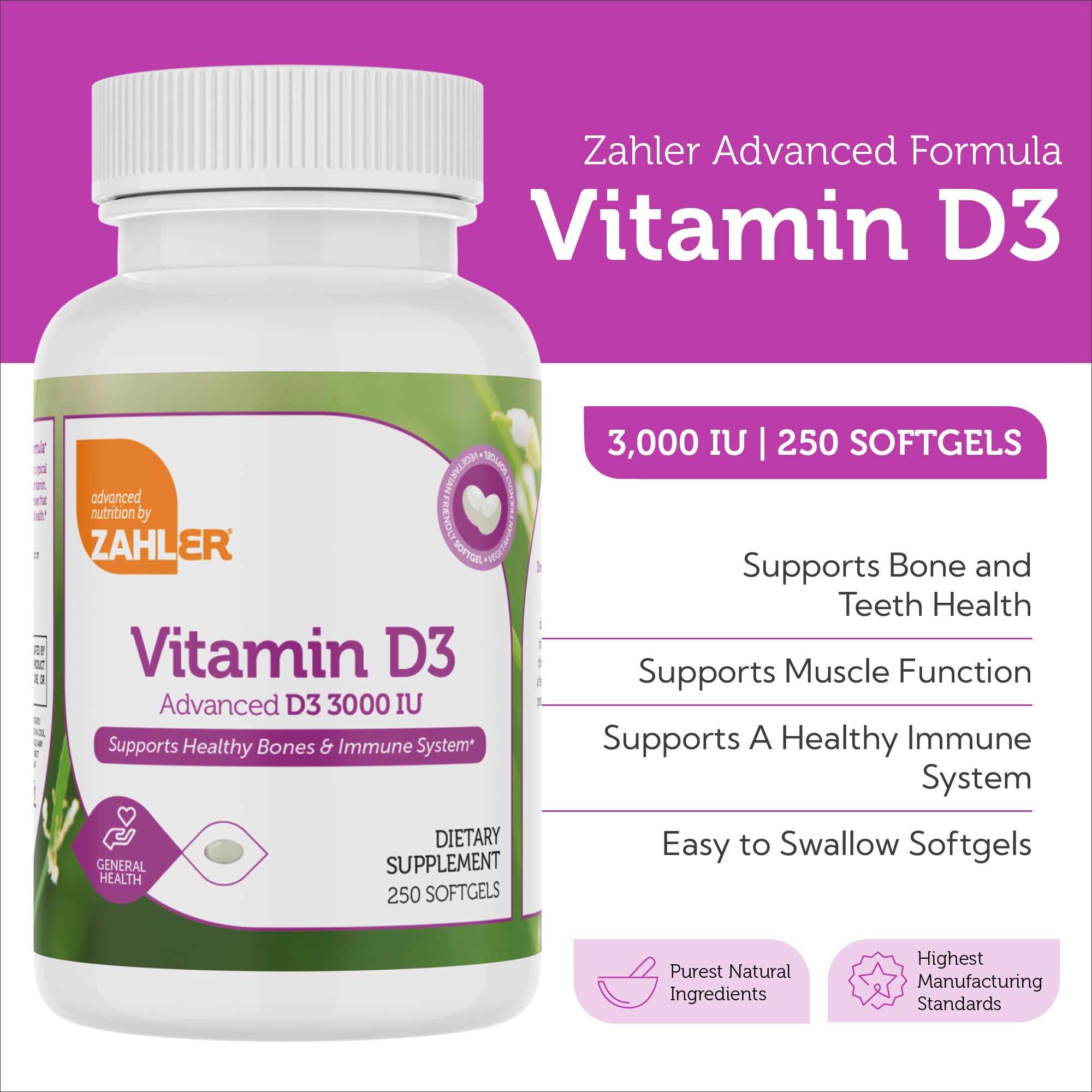 Zahler Vitamin D3 3000IU packaging label showing dosage