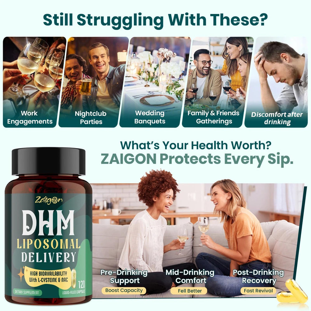 Zaigon Liposomal DHM capsules in hand showing portable 20-serving bottle