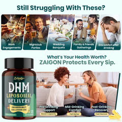 Zaigon Liposomal DHM capsules in hand showing portable 20-serving bottle