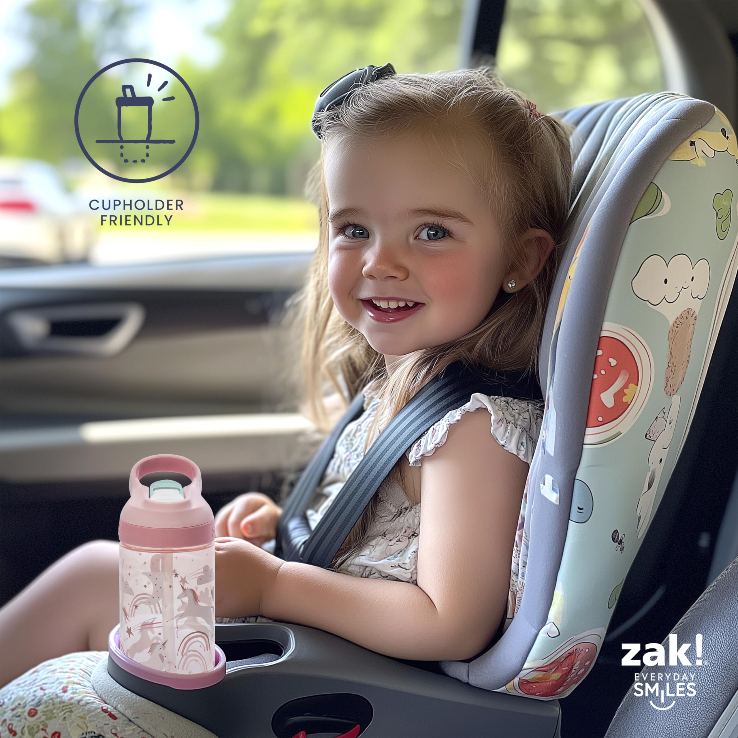 Zak Designs Bluey Atlantic bottle fits car cup holders during travel.